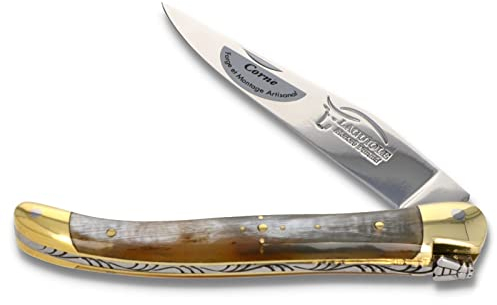 Laguiole Honoré Durand Taschenmesser - Griff 11cm - Griffschalen Horn - Backen Messing - Klinge glänzend - Klappmesser Frankreich