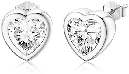 Silver Heart Stud Earrings for Women Sterling Silver Earrings with Heart CZ Lightweight