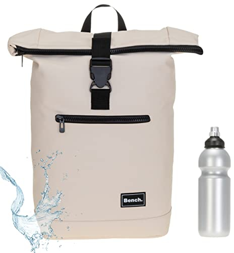 Sieber Rucksack Kurierrucksack Bench Hydro Plane Roll-Top backpack Laptoprucksack A4 wetterfest Damen Herren 64175 + Trinkflasche (Beige Pastell 1600)