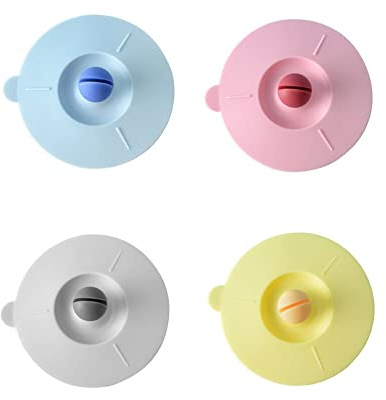 4 tapas de silicona para tazas de grado alimenticio, herméticas, tapas de taza de vidrio antipolvo con soporte para cuchara para café y té, colores brillantes mezclados, 10 cm