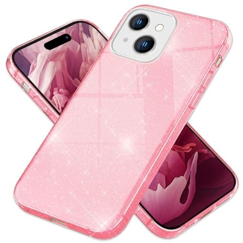 NALIA Glitzerhülle für iPhone 15 - Grip - Hülle, Pink | Partikel fest im Material eingeschlossen, 3-Schicht-Schutzaufbau mit Hardcase-Kern, Erhöhter Kamerarand, SHINEPOP