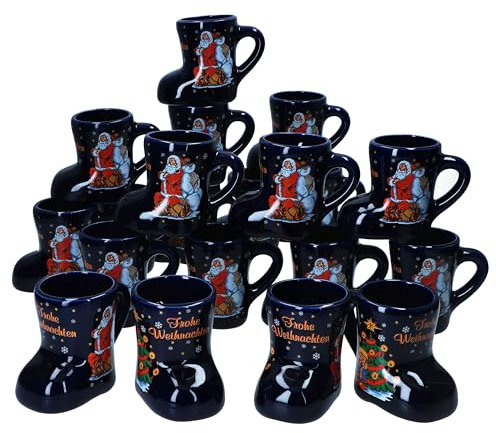 MamboCat 20er Set Glühweinstiefel dunkelblau mit Henkel I 200ml geeicht I Glühweinbecher mit Weihnachtsdekor & Schriftzug für 20 Personen I Keramik-Tasse für Tee, Eierlikör, Feuerzangenbowle