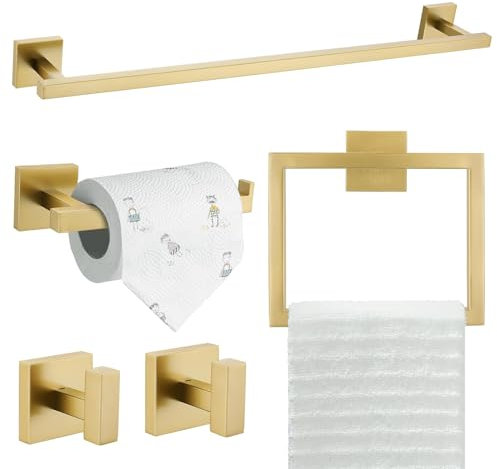 TQKAG Ensemble de 5 pièces de matériel de salle de bain en acier inoxydable SUS304 doré brossé avec barre porte-serviette simple de 60 cm, support de papier toilette, anneau de serviette, double