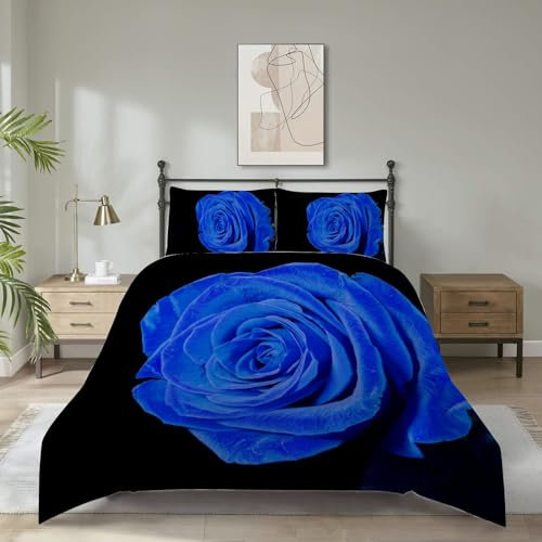 Tokokimo Blue Rose Floral Duvet Cover Set King Size, 3 Pieces 3D Printed Blossom Flowers Bedding Set Valentine's Day Botanical Duvet Cover with 2 Pillow Cases, CSLL0012