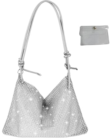 MHDUYEG Glitzer Tasche Glitzer Handtasche Frauen Bling Abend Handtasche Tasche Glitzer Abendtasche Strasssteine Clutches Schultertasche für Abschlussball, Party, Hochzeiten (Silber, mit Kartenhalter)
