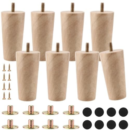 KOHAND 8 Pack Wooden Furniture Leg, 4 Inch /10cm Wooden Sofa Legs with Mounting Plates and Screws, Replacement Chair Legs Wooden Table Legs for Armchairs, Couches, Cabinets