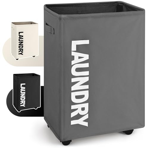 Virklyee Faltbarer Wäschekorb mit Rädern 63L Oxford-Stoff Wäschesammler Wäschetonne mit Griffen Groß Wasserdichter Wäschebehälter Aufbewahrungskorb, von Schmutziger Kleidung, Spielzeug(Dunkelgrau)