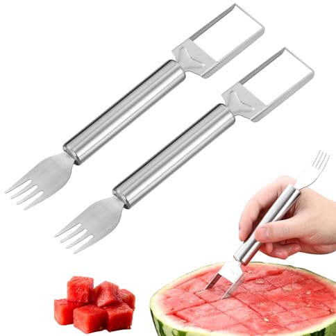 2 in 1 Watermelon Slicer, Stainless Steel Fruit Cutter with Fruit Forks, Watermelon Slicer, Double Headed Melon Cutter for Watermelon, Cantaloupe, Dragon Fruit (Pack of 2)
