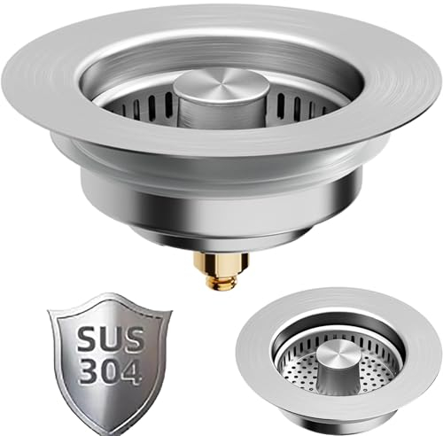 Combo de colador y tapón de drenaje para fregadero de cocina 3 en 1 para estándar de 3-1/2 pulgadas, cesta de acero inoxidable 304, tapón de eliminación de basura antiobstrucción