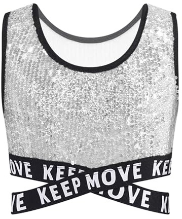 FEESHOW Kinder Mädchen Pailletten Shirt Glitzer Crop Tank Top Bauchfrei Coole Disco Outfit Hip Hop Streetdance Kleidung Oberteil Silber 134-140