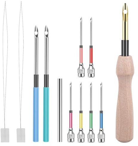 Piriuuo 12 Stück Punch Needle Set, 1 Holzgriff Punch Needle + 2 Metallgriff Punch Needle + 1 Metallgriff + 6 Ersatznadel Spitze (6 Größen) + 2 Nadeleinfädler Stickerei Punch Nadel Werkzeug Set