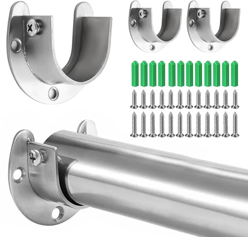 4 Stück, Edelstahl Stangenhalterung, U-Form Edelstahl Stangenhalter, Rundrohr Halterung, Schrankregal Stangenhalterungen, Stangenendstütze, Für Kleiderschrank, Schrank, Balkon,Badezimmer(Silber, 25mm)