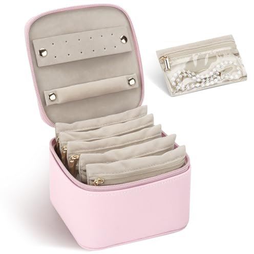 DesignSter Small Travel Jewellery Box Organizer, Lychee Grain PU Portable Jewelry Case with 6 Velvet Jewellery Transparent Pockets, Jewellery Storage for Earrings, Rings, Pink