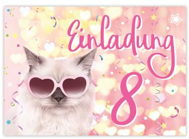 JuNa-Experten 12 Einladungskarten zum 8. Kindergeburtstag Mädchen Katze Tiere coole Einladungen achte Geburtstag Mädchengeburtstag
