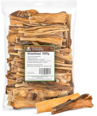 Kaureks Natur Hundeleckerlies, Hirschhaut 1 Kg ca. 15 cm, natürliche Zahnpflege für Hunde, wie Pferdekopfhaut, Rinderkopfhaut