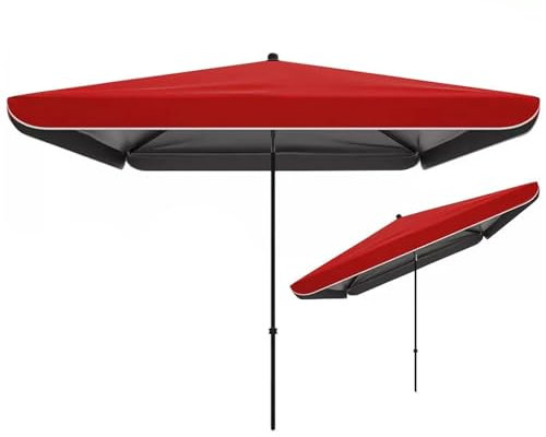 Ombrellone rettangolare da terrazza, 180 x 220 cm, con funzione inclinabile, protezione solare UV 50+, per esterni, piscina, balcone, giardino, con telaio in acciaio, Rosso, 180 x 220cm/5.9 x 7.2ft
