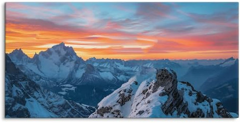 Paul Sinus Wandbild auf Leinwand in 120x60cm Sonnenaufgang Berge Schnee Alpen Himmel Panorama Kunst