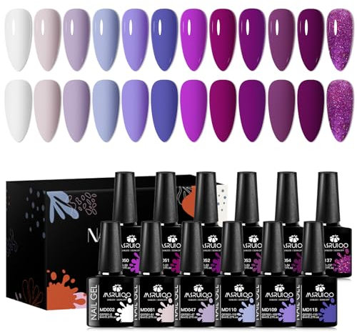 MSRUIOO Lila UV Nagellack Gel Nagellack Set 12 Farben Nude Dunkelviolett Glitzer Gel Kit Soak-Off UV/LED Shellac DIY Nail Art Geschenke Set