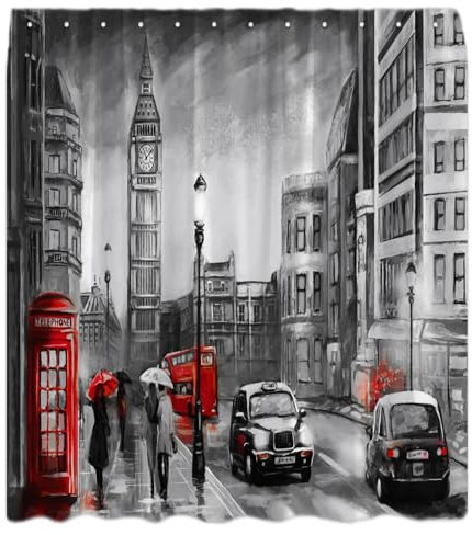 UPUMKSK Duschvorhang, London, Telefonzelle, Bus, Retro, Big Ben, Kunst, Gemälde, romantische Stadt, Straße, berühmtes europäisches Gebäude, klassischer Badvorhang mit Haken, Rot / Grau