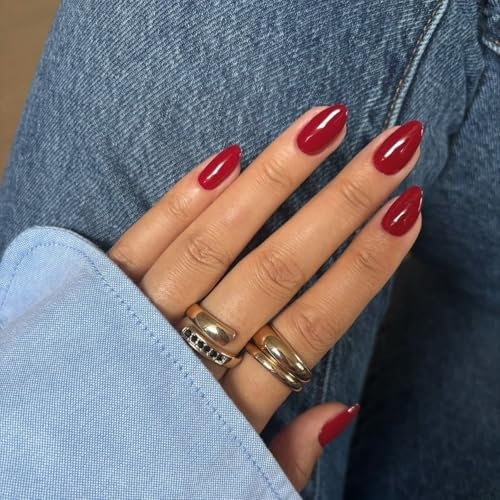 SXVME Red False Nails Short Oval, 24pcs Press On Nails, Glossy Gel, Solid Color, Women's Daily Wear