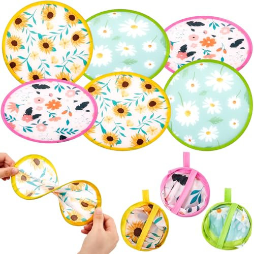 Namalu 6 Pcs Round Folding Handheld Fan Portable Japanese Style Summer Foldable Fan for Wedding gift outdoor Games decor Festival Party Favors (Light Colors,Flowers)