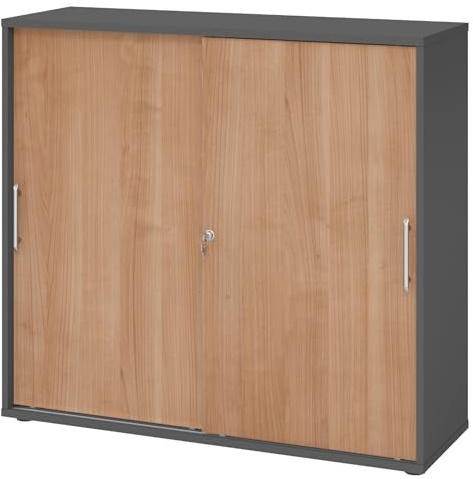 bümö Schiebetürenschrank 3OH - Aktenschrank abschließbar, Sideboard Schrank mit Schiebetüren in Graphit/Nussbaum, Relinggriff - Büroschrank aus Holz mit Schiebetür, Büro Kommode für Ordner & Co.