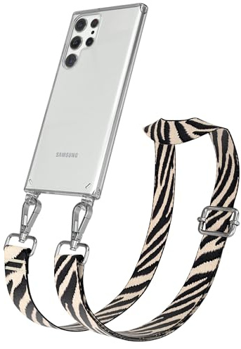 EAZY CASE Handykette - Verstellbares Taschenband kompatibel mit Galaxy S22 Ultra 5G, Schulterriemen, Handykordel mit Silikon Hülle, Umhängetasche, Zebra - Schwarz Beige Silber