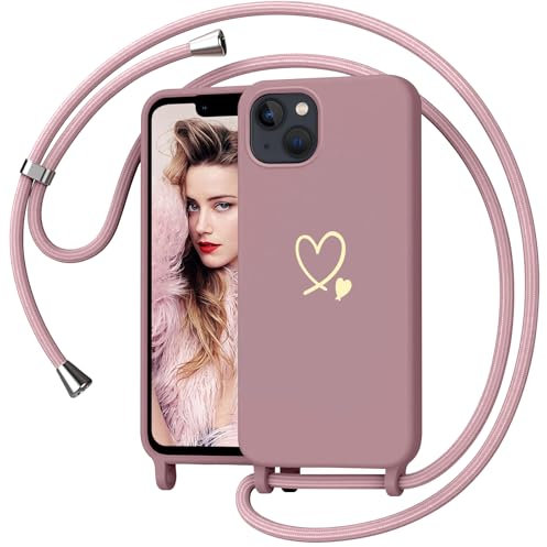 Yichxu Yichu Coque pour iPhone 13 avec Cordon, Souple Silicone Liquide Housse avec Collier, Réglable Lanyard Case, Motif Coeur d'amour Antichoc Etui Protection Cover pour iPhone 13, Rose