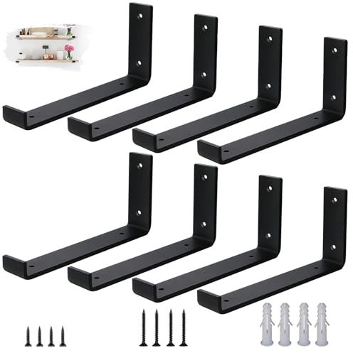 VTOPVMAX Lot de 8 Equerre Etagere Murale - Supports Muraux en Acier de 5mm d'Épaisseur pour Charge Lourde avec Rebords, Kit d'Équerre Murales de Style Industriel Rustique Noir 25cm
