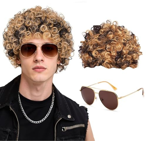 SEFIRST 2 Stück Herren Perücke 70er 80er Jahre Disco Dude Dirt Bag Perücke Kurz Gelockt Afro Shaggy Perücken, Vokuhila Perücken, 80er jahre outfit herren für Cosplay Halloween Party, Blond Mix Schwarz