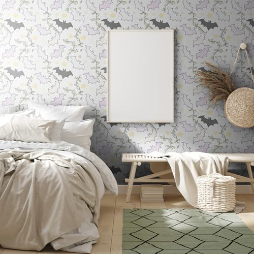Selbstklebende Tapete Rosa Grau Fledermaus Klebefolie Möbel Vinyl Fototapete Selbstklebend Wasserabweisend Wallpaper for Living Room Mustertapete Schlafzimmer Tapeten 45x300 cm/ 3 Rolle