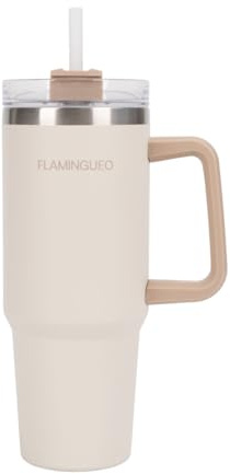 Flamingueo Gourde avec Paille 0,9L - Mug Isotherme - Boissons Froides 24h et Chaudes 10h - Acier Inoxydable - Thermos - Beige