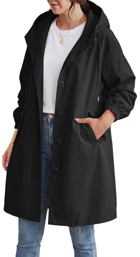 CMTOP Trench Donna Lungo con Cappuccio Elegante Monopetto Cappotto Leggero Antivento Giacca Primavera e Autunno Trenchoat Windbreaker Giacche con Tasche(Nero,XL)