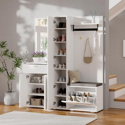 Ojjxh Garderobenset Wandgarderobe, Flurgarderobe Set mit Schuhbank und Spiegel, Garderoben Set mit Kleiderstange, 3 Türen und Kippfach-Schuhregale, Kompaktgarderobe mit Sitzkissen, Weiß, 150x36x180cm
