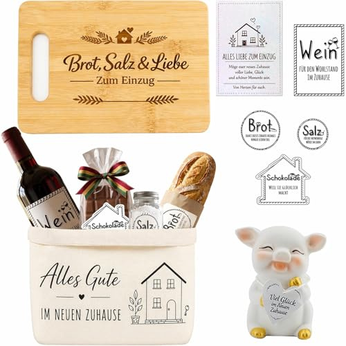 Geschenk zum Einzug ins Haus & neue Wohnung – Brot und Salz Geschenkset | Mit Schneidebrett, Brotkorb, Keramik-Glücksschwein, Grußkarte & 8 Motiv-Aufklebern – Einweihungsgeschenk & Richtfest Geschenk