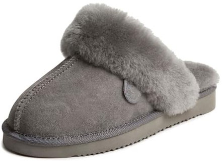 Damen-Hausschuhe „Fireside Sydney“ aus Lammfell für drinnen und draußen mit weiter Passform, GRAU, 39 EU