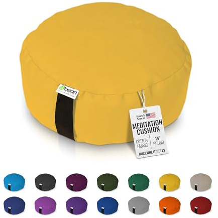 Bean's ZAFU Meditations-Bodenkissen, rund, LHASA GOLD Baumwolle, Zen-Yoga-Kissen, tibetischer Stil für achtsames, kniendes Gebetssitz, hergestellt in den USA, Bio-Buchweizenschalen