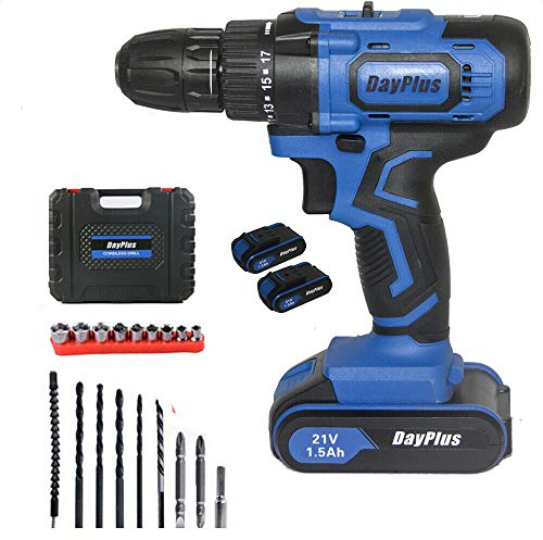 Akku-Bohrmaschine 21-V-Bohrmaschine Eingebaut in Hammer und Magnet Dual Speed + 2PCS Li-Ion-Batterien Elektrischer Schraubendreher Bohrer 18 + 1 Drehmoment mit LED- und 29-teiligem Bohrersatz