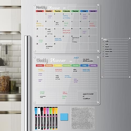 Hivillexun 3-Pack Acrylic Magnetic Dry Erase Calendar Set – Monthly, Weekly & Daily Planners for Fridge & Wall, Includes 8 Markers, Eraser & Cleaning Cloth