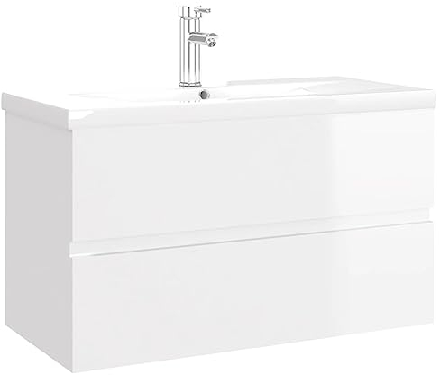 vidaXL Armoire d'Evier avec Lavabo Intégré Placard de Salle de Bain Armoire de Rangement Meuble de Rangement Toilette Blanc Brillant Aggloméré