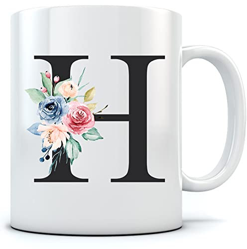 HotScamp Letter H Floral Initial Flowers Watercolour Monogrammed Mug for Tea and Coffee - Florals Pretty Vintage Wedding Monogram Work School WFH Home Office Girl Boss Mum One Size Natural