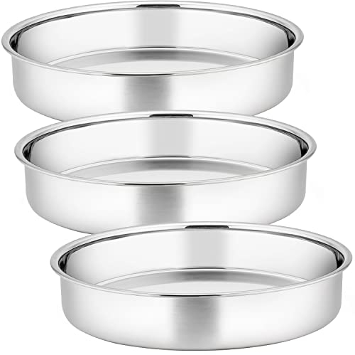 Joyfair Lot de 3 moules à gâteau ronds en acier inoxydable de 20 cm pour cuisson au four, grille-pain, finition miroir et passe au lave-vaisselle, sain et durable, 20 cm
