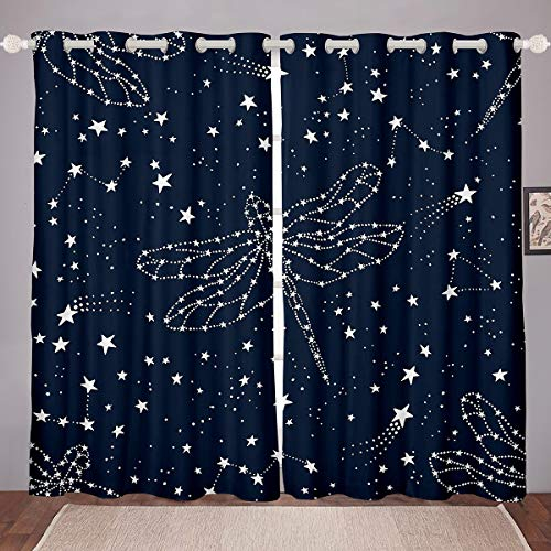 Loussiesd Mädchen Libelle Vorhänge Kinder Schwarz Weiß Galaxie Blickdichte Vorhänge für Tochter Sternenhimmel Deko Fenstervorhang 260x140cm Schick Insekten Tiermuster