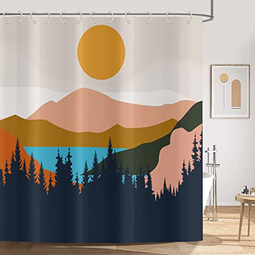 ASDCXZ Boho Duschvorhang 180x180 cm, Modern Abstrakt Kunst Boho Style Sonnenuntergang Spitze Wald Bunt Bad Waschbar Duschvorhänge Polyester Textil Wasserdicht Duschvorhang für Badewanne mit 12 Haken