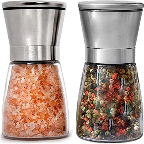 Salt and Pepper Grinder Set of 2, Stainless Steel Adjustable Ceramic Sea Salt Grinder & Pepper Grinder, Glass Salt and Pepper Shakers, Salt and Pepper Mill