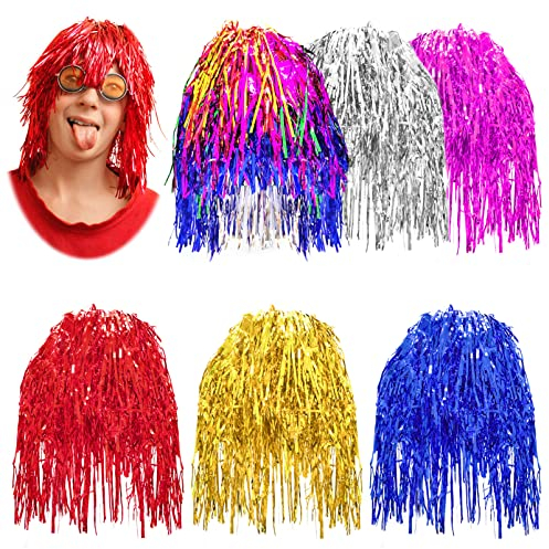 YAXIDAEVER 6 Stück Party Perücke,Metallische Kostüm Perücke,Cosplay Lametta Perücke,Bunte Lametta Perücke,Perücken Kostüm Lametta Perücken,Rot/Silber/Gold/Farbig/Rose/Blau