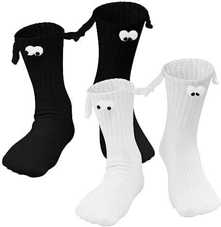 Ksndurn Magnetische Socken - 2 Paare Hand in Hand 3D Puppe Unisex Lustige Magnet Socken für Paare (Schwarz und Weiß)