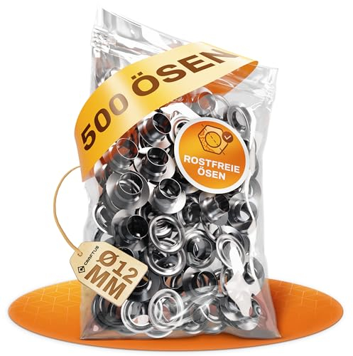 CRAFTUS® Edelstahl Ösen Set 100% Rostfrei – 500 Stück [Innen-Ø 12mm] – Passend Ösenzangen – Ösen für Planen, Banner, Vorhänge UVM. – Planenösen aus Edelstahl