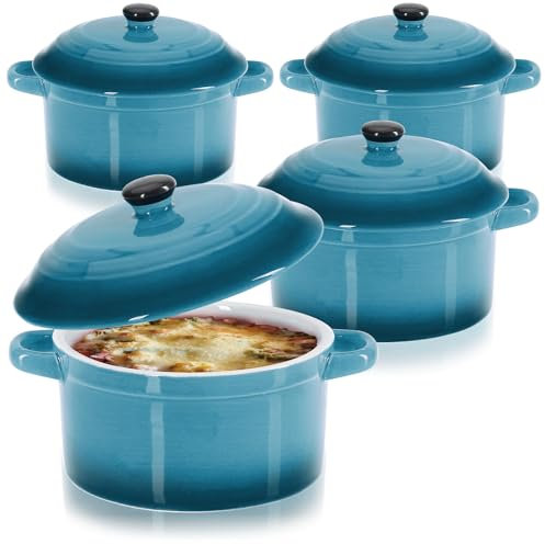 COM-FOUR® 4x Cacerola con Tapa de cerámica - Cuenco de Postre para crème brûlée - Mini cacerola para ragú y Carne sazonada - Azul, Aprox. 250/175 ml por plato (4 piezas - azul)
