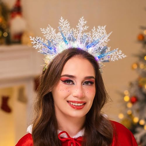 IYOU Leuchtende Schneeflocken Stirnband Blau Blätter Eiszapfen Haarreif Blinkende Festival Kostüm Weihnachten Haarschmuck für Frauen